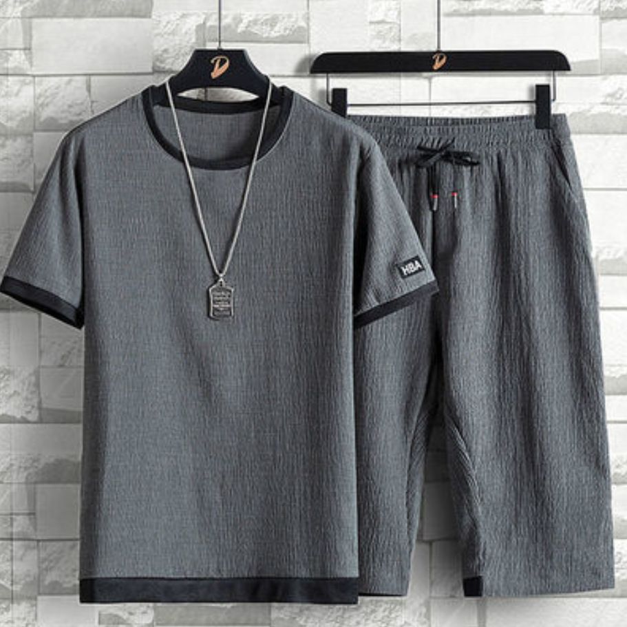 Men's Clothing Ice Silk Suit Loose Large Size Casual Sports Suit Short Sleeved Cropped Pants Two Piece Suit_viptrois.com