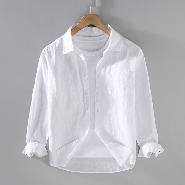 Pure Linen Long Sleeved Shirt For Men's Summer Casual Thin Jacket, Simple Cotton Linen White Shirt_viptrois.com