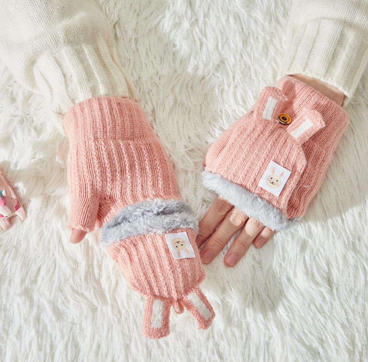 Kids' gloves Children's winter gloves Women's double layer 6 to 14 years old student writing warm plus fleece thickened flip half finger_viptrois.com