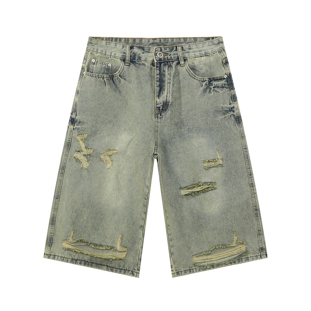 Men's Clothing | New High Street Trend Light Color Distressed Irregular Ripped Wide Leg Denim Cropped Trousers_viptrois.com