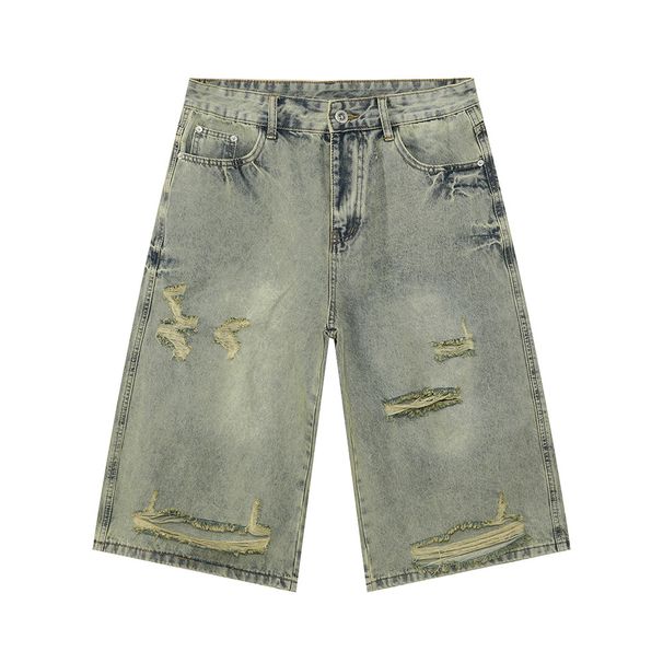 Men's Clothing | New High Street Trend Light Color Distressed Irregular Ripped Wide Leg Denim Cropped Trousers_viptrois.com
