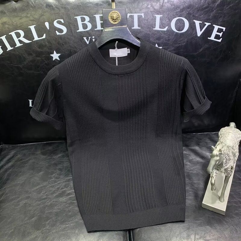 Men's Clothing Fashion Brand Ice Silk Short Sleeved T Shirt Men's Summer Thin Slim Round Neck Knitted Bottoming Shirt All Match Casual Tops_viptrois.com