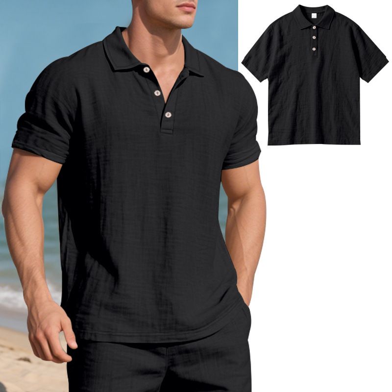Men's Clothing Independent Station Summer Men's Loose Trend Breathable Linen Casual Lapel Button POLO Shirt Short Sleeve_viptrois.com