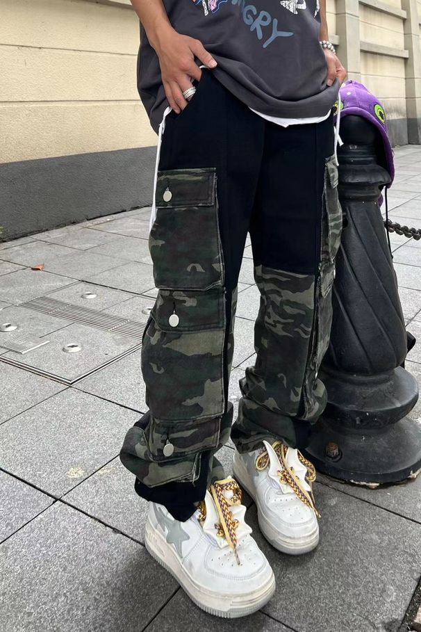 Men's Clothing European And American High Street Pocket Camouflage Workwear Patchwork Jeans Men's Trendy Loose Straight Personality Trousers_viptrois.com