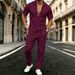 Men's Waffle Knit Casual Trendy Lapel Deep V Short Sleeved Trouser Suit New From Platform_viptrois.com