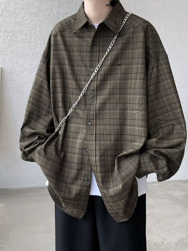 Spring And Autumn Plaid Long Sleeved Shirt For Men, Loose And Casual Silhouette, With A Lapel And Woolen Coat_viptrois.com