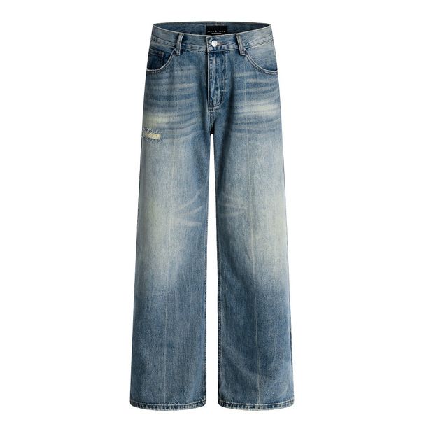Punk Washed Gradient Jeans American Style Ripped Patched Distressed White Wash Loose Straight Long Pants Men's Trendy_viptrois.com