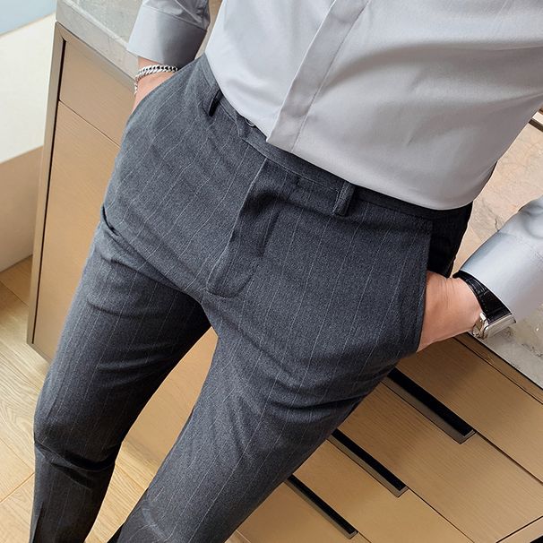 Men's Clothing Thin Slim Fit Trousers Fashion Striped Nine Point Trousers Comfortable Slightly Elastic Nine Point Trousers_viptrois.com