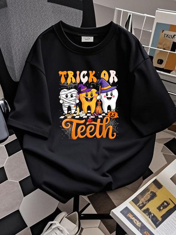 Trick Or Teeth Halloween Dental Crew Dentist Boys Girls T-Shirt Female Stretched Women Graphic Versatile Women Top Graphic Tees Slightly Stylish Print Round Neck Short Sleeve Streetwear Casual Unisex Top For Everyday Wear Comfortable Soft Breathable_viptrois.com