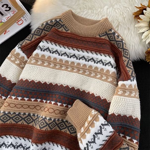 Winter Striped Knitted Sweater Men's Retro Jacquard Sweater Loose Casual Pullover Sweater_viptrois.com