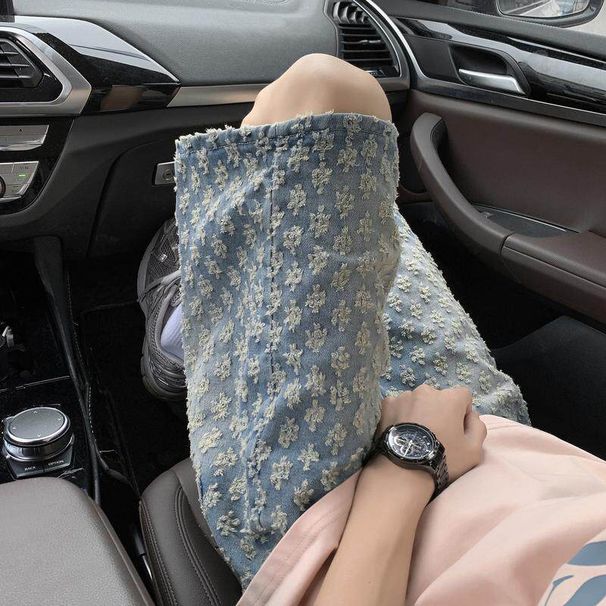 Men's Retro Jacquard Denim Shorts Summer Thin Ripped Five Point Loose Casual Design_viptrois.com