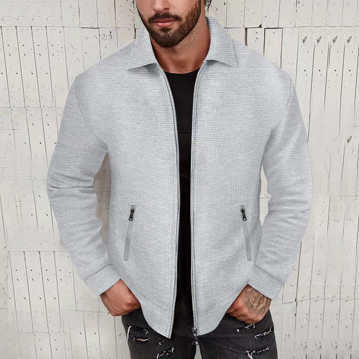 Men's Clothing Waffle Long Sleeved Zipper Waffle-Knit Zip-Up Jacket - Lightweight & Breathable Cotton Blend, Relaxed Fit For Casual Wear, S-XXXL_viptrois.com