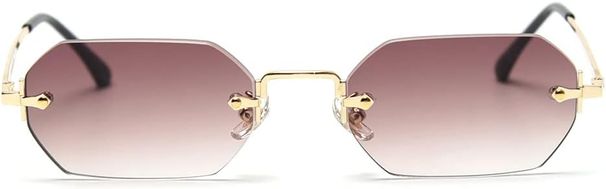Men's Rectangular Frameless Sunglasses, Rimless, Octagonal, Small Glasses, Women's Metal, Gold, Polygon, Blue, Brown,_viptrois.com