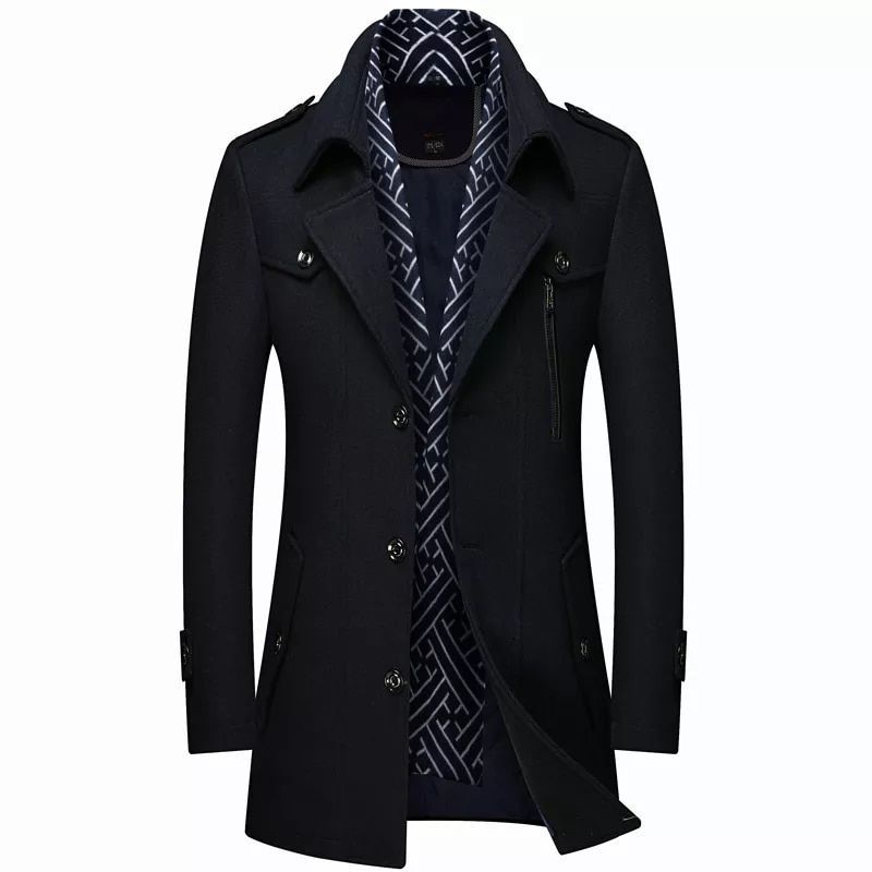 Winter Men's Woolen Coats Fashion Thicken Mid Length Trench Solid Turn Down Collar Warm Outerwear Business Casual_viptrois.com
