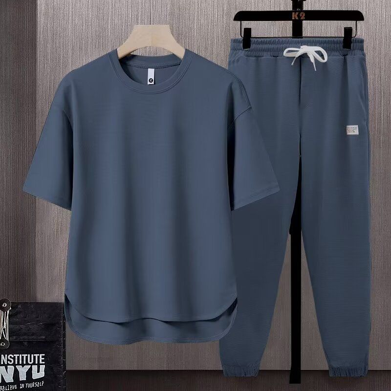 Loose Fit Solid Color Men's T-Shirt 2025 Summer Trendy Ins Style Short Sleeve Long Pants Two-Piece Set_viptrois.com