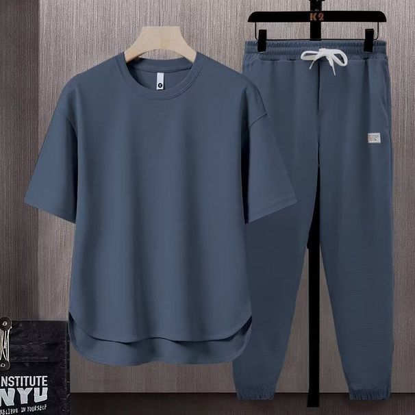 Loose Fit Solid Color Men's T-Shirt 2025 Summer Trendy Ins Style Short Sleeve Long Pants Two-Piece Set_viptrois.com