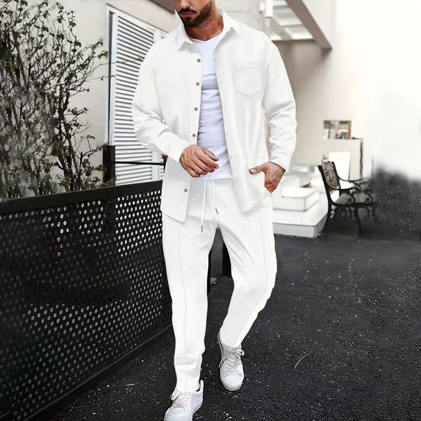 Cross-Border European And American New Waffle Sleeve Long Pants Two-Piece Set Turn-Down Collar Casual Sports Solid Color_viptrois.com