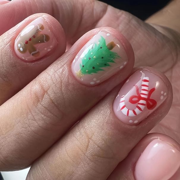 Short glossy Christmas cartoon snowman crutch bow Christmas tree snowflake wearing nail nail manicure_viptrois.com