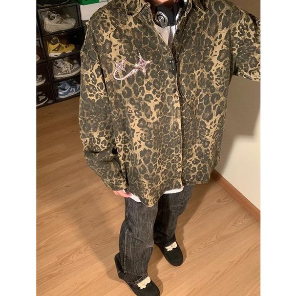 2024 Spring Early Autumn American High Street Vintage Leopard Print Washed Denim Shirt Jacket Men's Loose Couple Jacket Tide_viptrois.com