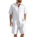 Men's Clothing Men's Summer Linen Suit Striped Jacquard Loose Short Sleeve Shirt And Beach Shorts Two-Piece Set_viptrois.com