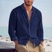 Men's Long Sleeved Shirt Solid Color Cotton Linen Blend Turn Down Collar Casual Loose Fit Versatile Cardigan Top_viptrois.com