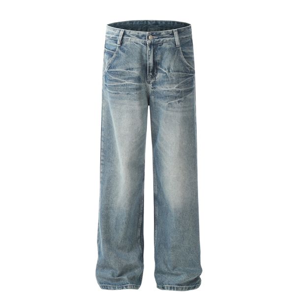 Men's Clothing 2025 Neutral Trendy Washed Blue Design High End Men's Straight Loose Jeans_viptrois.com