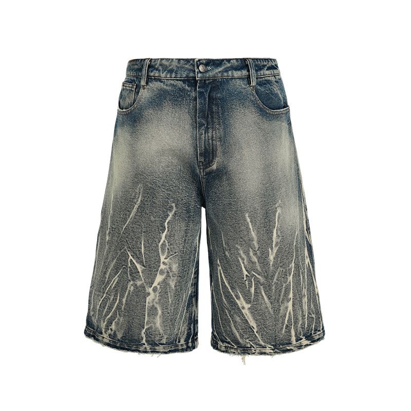 Lightning Pattern Floral Denim Cropped Shorts 14oz Over The Knee Casual Mid Length Pants Wide Leg Shorts Men's Trend_viptrois.com