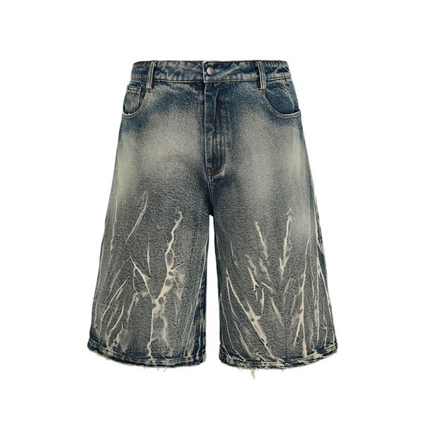 Lightning Pattern Floral Denim Cropped Shorts 14oz Over The Knee Casual Mid Length Pants Wide Leg Shorts Men's Trend_viptrois.com
