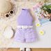 Kid's Clothing New Summer Girls Suits Small And Medium Children's Solid Color Halter Neck Top + Printed Shorts + Belt_viptrois.com