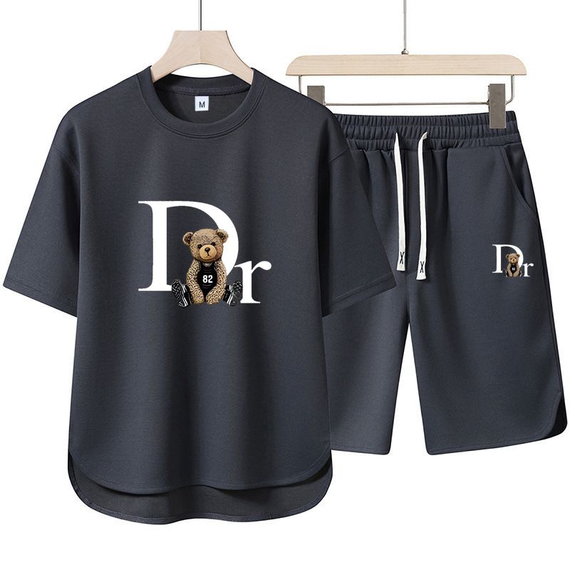 Summer Trendy Men's Sporty Casual Two Piece Set Crew Neck Retro Short Sleeve Suit_viptrois.com