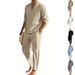 Men's Linen Hawaiian Shirt And Drawstring Pants Set | Breathable Long Sleeve Henley & Straight Leg Outfit For Resort Vacation_viptrois.com