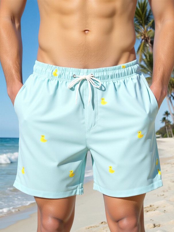 Men’s Quick-Dry Swim Trunks With Lining – Lightweight Beach Shorts, UPF Protection, 4-Inch Inseam (Black/Blue/White Duck Print, S-XXL)_viptrois.com