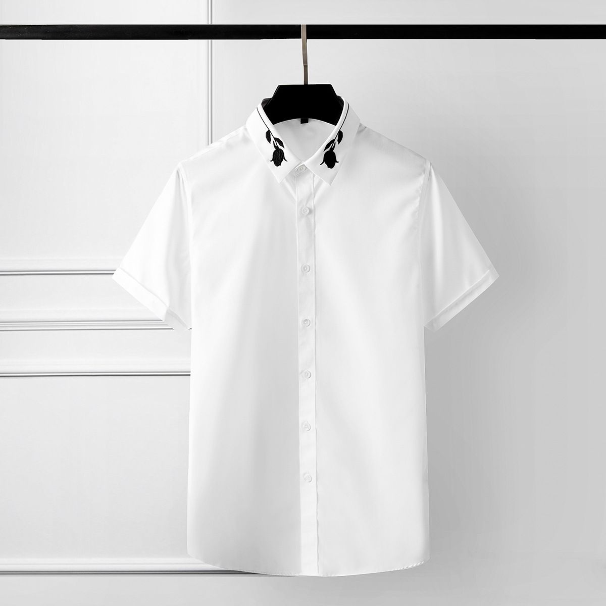 Men's Short Sleeve Machine Embroidered Rose Bud Shirt High Density Cotton Chinese Style Casual Menswear White Black Summer Wear_viptrois.com