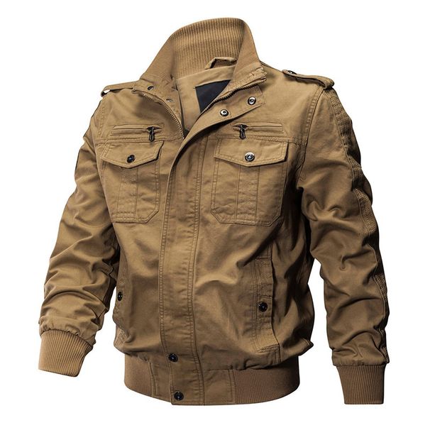 Autumn Top Casual Solid Color Jacket Zipper Pocket Stand-up Collar Large Size Coat Men's Pure Cotton Thin_viptrois.com