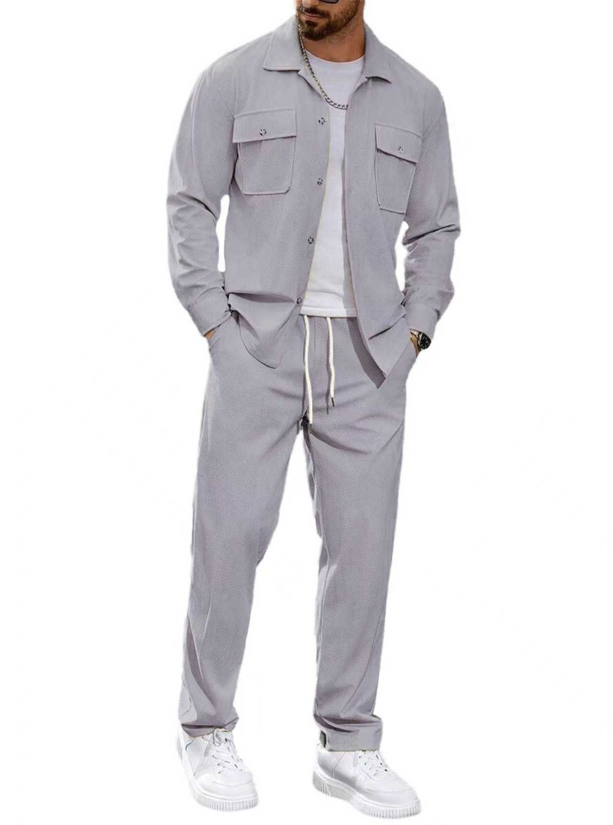 Men's Casual Sports Two Piece Suit Simple Button Pocket Lapel Jacket Straight Pants Suit_viptrois.com