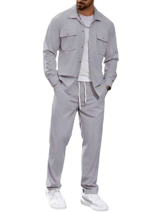 Men's Casual Sports Two Piece Suit Simple Button Pocket Lapel Jacket Straight Pants Suit_viptrois.com