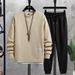 Men's Waffle Knit Long Sleeve T-Shirt Set Casual Two-Piece Pullover Hoodie Loose Fit Round Neck Teen Boys Spring Autumn Fashion_viptrois.com