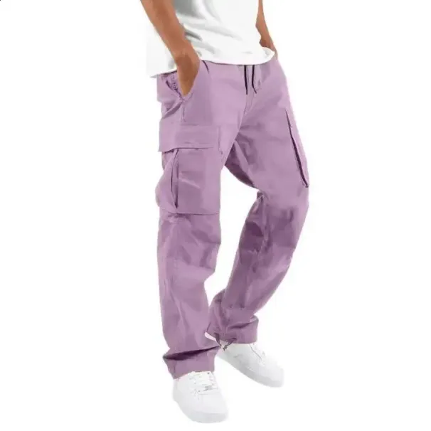 Trousers for Men Full Length Solid Color Loose Multi-pocket Drawstring Pockets Male Cargo Pants 3XL 240813_viptrois.com