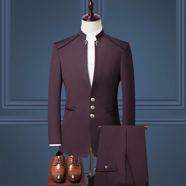 Men's Clothing Youth Zhongshan Suit Three piece Performance Costume Stand Collar Slim Suit Wedding Dress Tang Suit New Style_viptrois.com