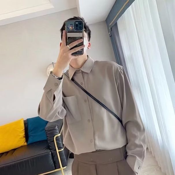 Tencel Long Sleeved Shirt, Lapel Casual Shirt, Solid Color, Simple And Smooth, Versatile Men's Top_viptrois.com