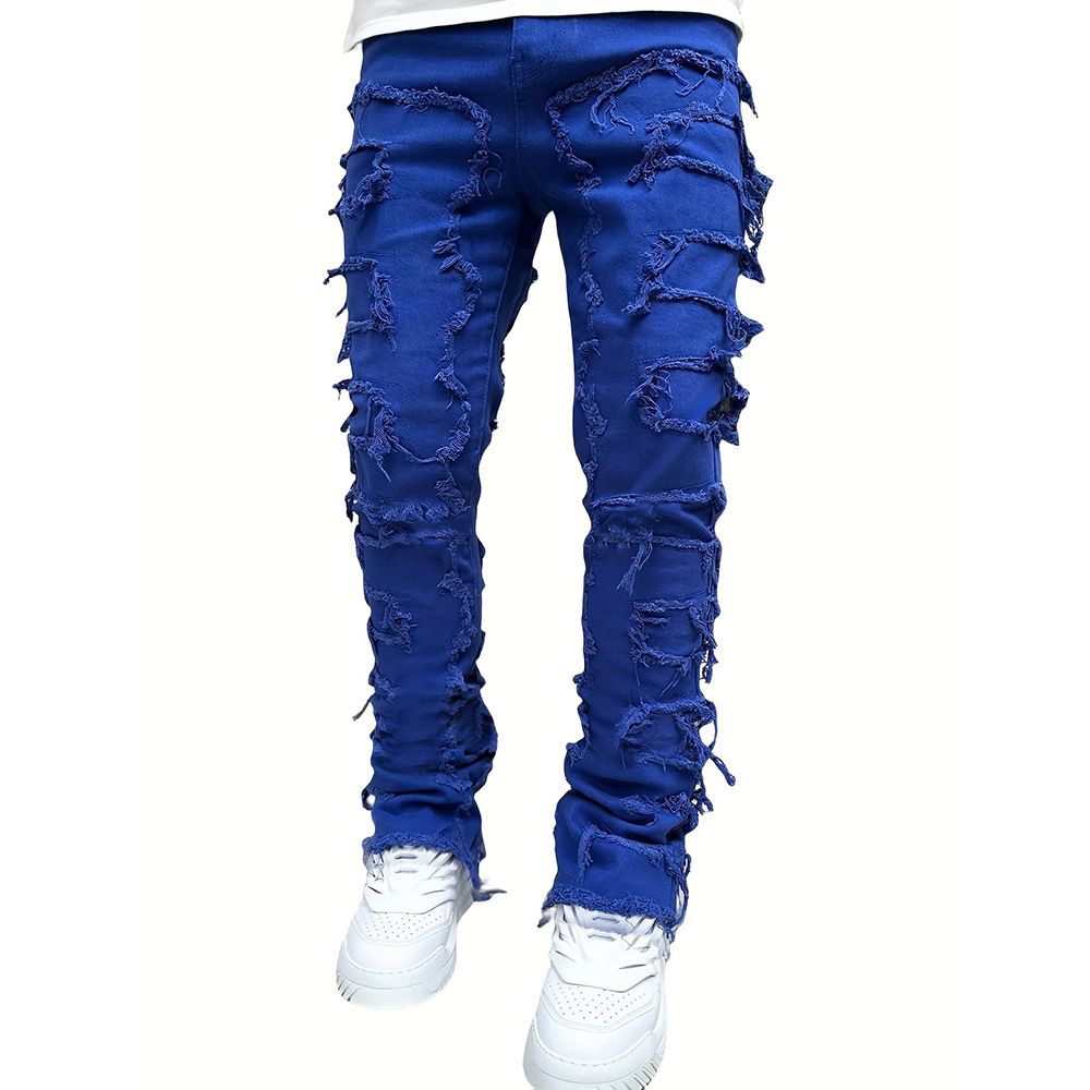 Men's Patchwork Layered Denim Pants – Relaxed Straight-Leg Jeans (Mid-Rise, Button Fly, Summer Casual)_viptrois.com