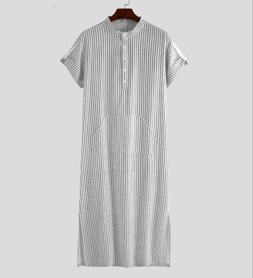 Men's Clothing Muslim Loose Striped Short Sleeved Robe Shirt_viptrois.com