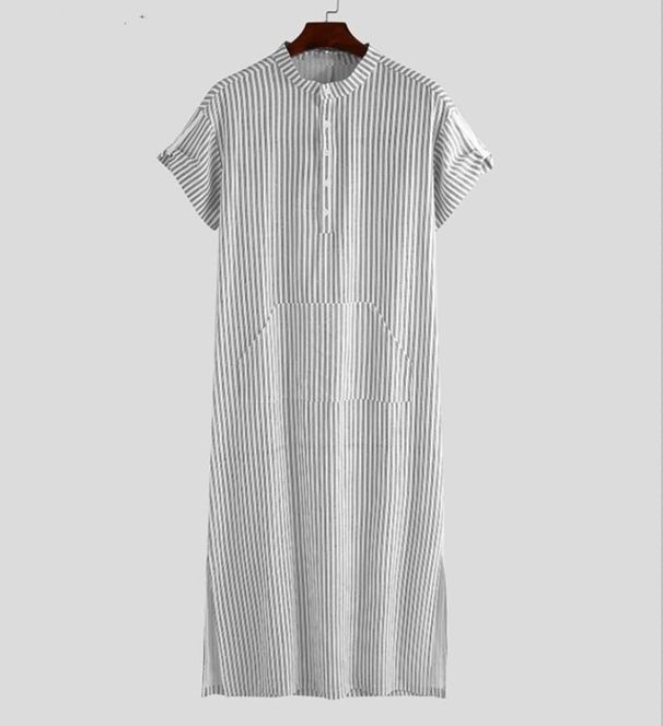 Men's Clothing Muslim Loose Striped Short Sleeved Robe Shirt_viptrois.com