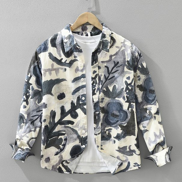Trendy Printed Long Sleeved Shirt For Men, Fashionable And Versatile, Artistic And Casual Loose Top_viptrois.com