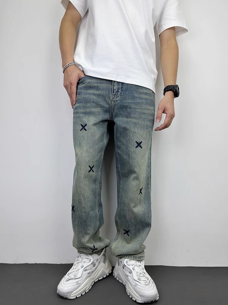 Autumn Casual Handsome Heavy Washed Retro Embroidered Jeans Men's Straight Loose Versatile Wide Leg Pants_viptrois.com