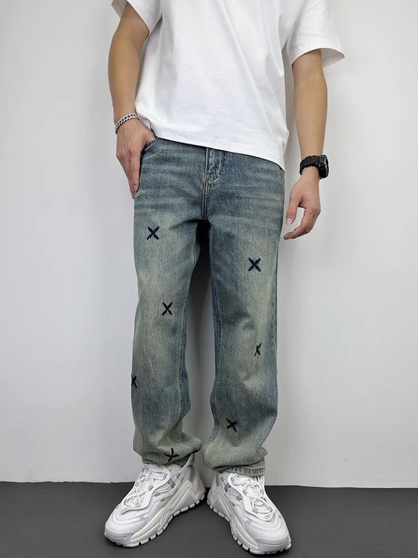 Autumn Casual Handsome Heavy Washed Retro Embroidered Jeans Men's Straight Loose Versatile Wide Leg Pants_viptrois.com
