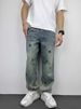 Autumn Casual Handsome Heavy Washed Retro Embroidered Jeans Men's Straight Loose Versatile Wide Leg Pants_viptrois.com