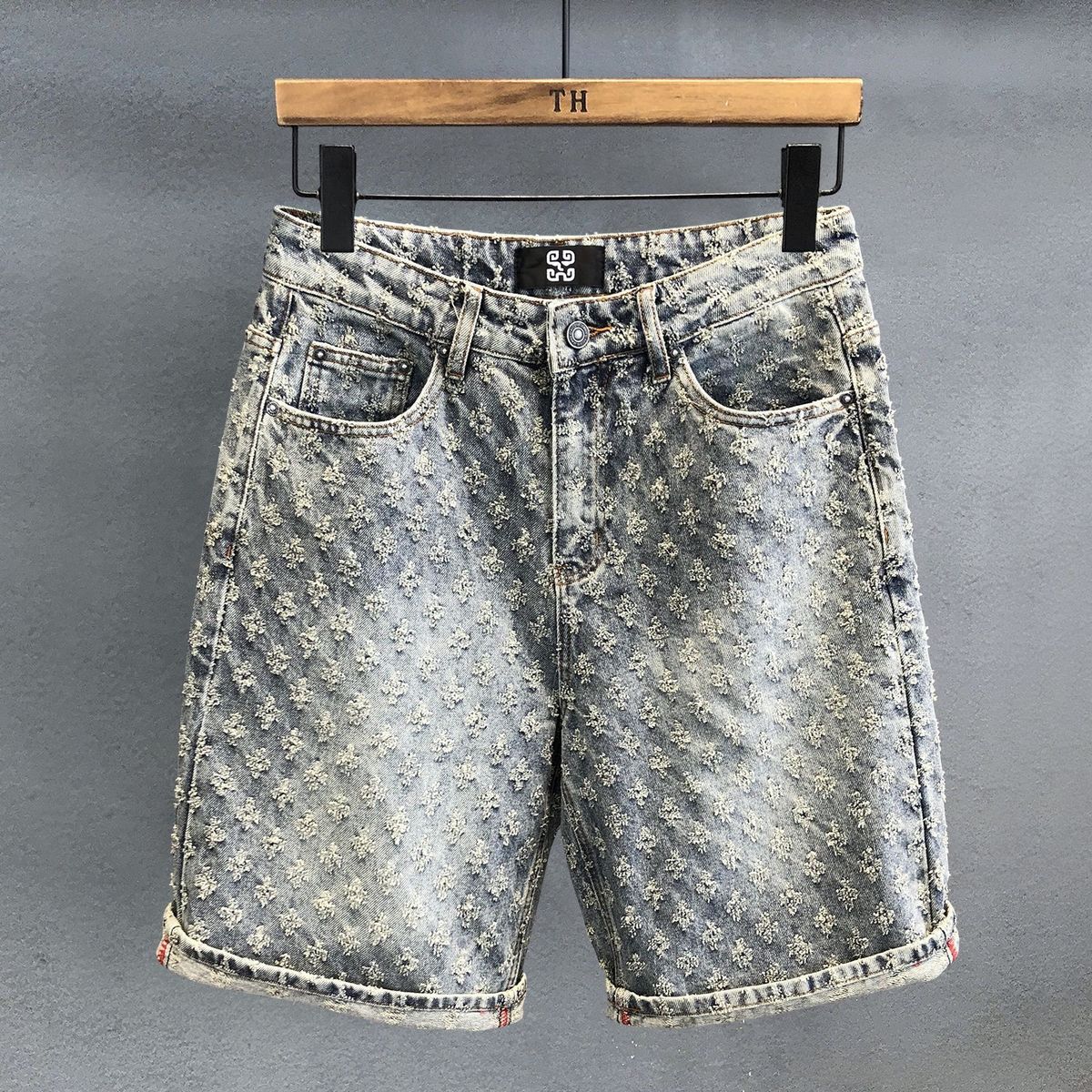 Men's Trendy High Street Jacquard Ripped Denim Shorts Design Niche Loose Straight Retro Five Point Summer Pants_viptrois.com