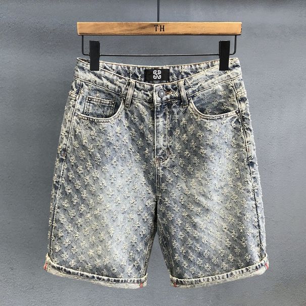 Men's Trendy High Street Jacquard Ripped Denim Shorts Design Niche Loose Straight Retro Five Point Summer Pants_viptrois.com