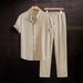 Men's Ruffled Shirt Set High School Street Style Spring Summer Stand Collar Short Sleeve Wide Leg Pants_viptrois.com